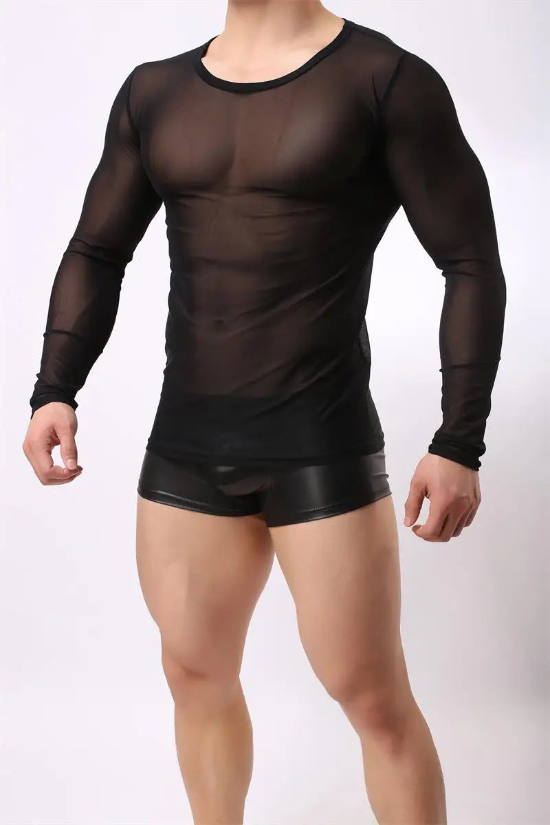 Men's Sexy T-Shirts Mesh Tee Shirt Undershirt Homme Long Sleeves Men T Shirts Male Transparent See through Shirts
