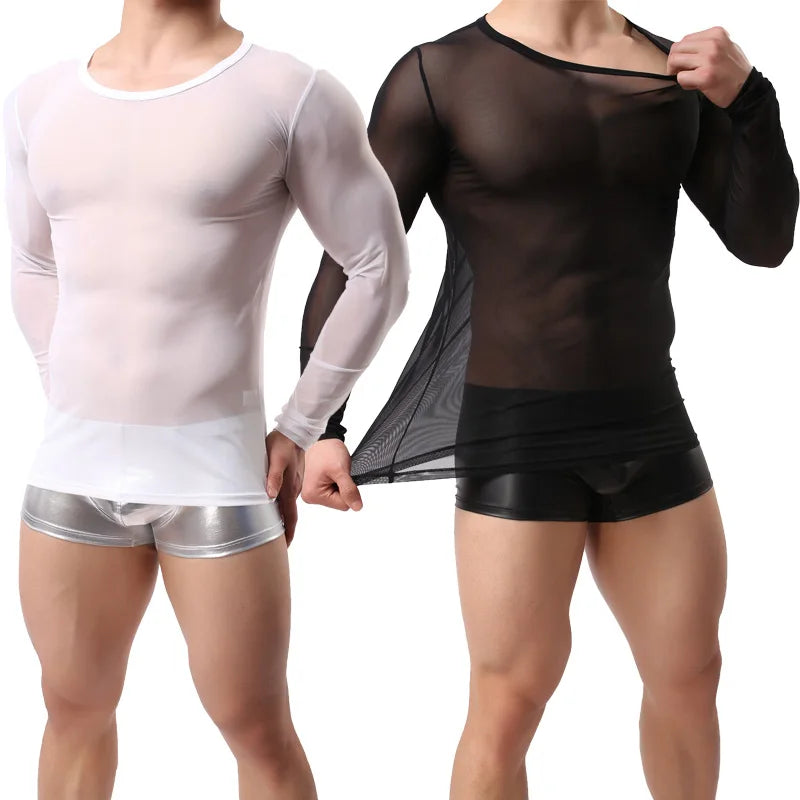 Men's Sexy T-Shirts Mesh Tee Shirt Undershirt Homme Long Sleeves Men T Shirts Male Transparent See through Shirts