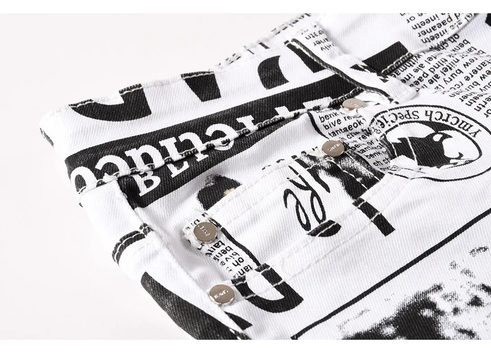 Men Newspaper Print Jeans Fashion Letters White Denim Pants Casual Slim Tapered Costume Trousers