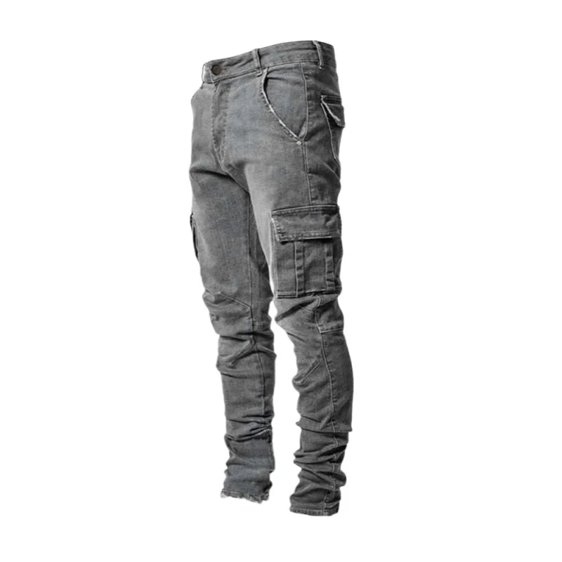 Men Elastic Skinny Jeans Casual Denim Pants Slim Fit Trousers Multi-Pocket Black Jeans Soild Cargo Pants Streetwear Man Clothing