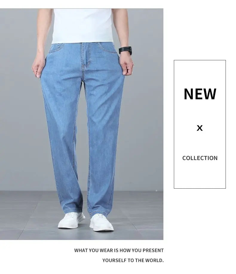 Summer Ultra-thin Men's Jeans Lyocell Soft Breathable Loose Straight Light Blue Denim Pants Business Casual Ice Silk Trousers