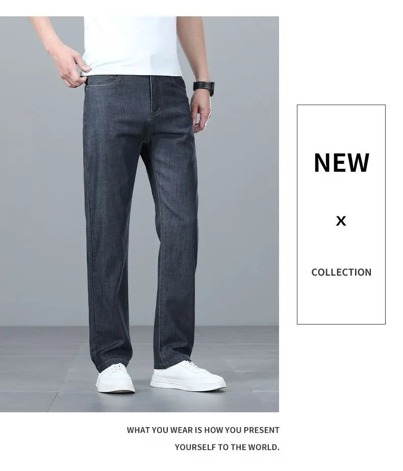 Summer Ultra-thin Men's Jeans Lyocell Soft Breathable Loose Straight Light Blue Denim Pants Business Casual Ice Silk Trousers