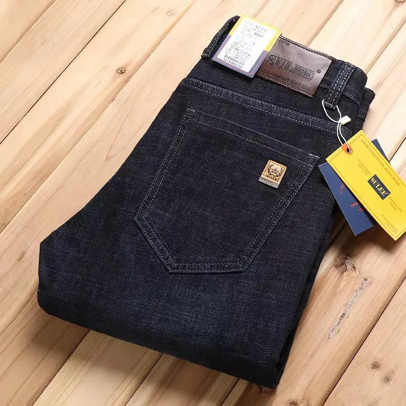 SULEE New High Quality Jeans Men's Business Casual Straight Denim Pants Stretch Fashion Classic Work Trousers Blue Black Male