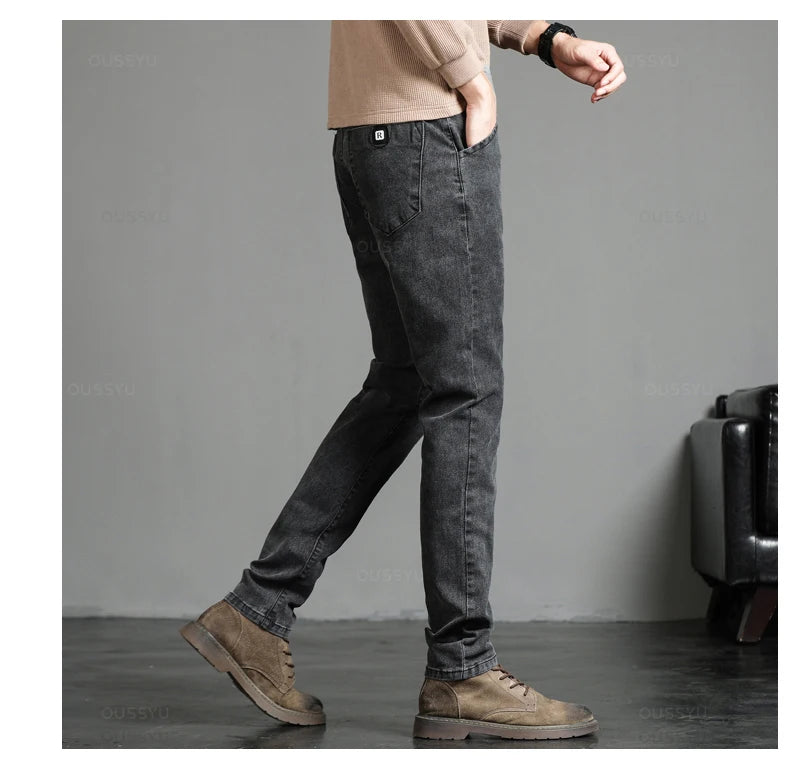 Spring Autumn Men's Classic Fashion Grey Jeans Casual Slim Skinny Vintage Blue Streetwear Biker Party Long Trousers Male 27-36