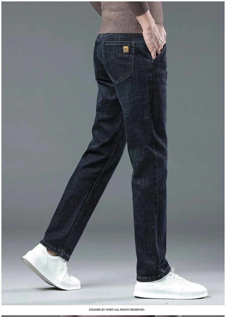 SULEE New High Quality Jeans Men's Business Casual Straight Denim Pants Stretch Fashion Classic Work Trousers Blue Black Male