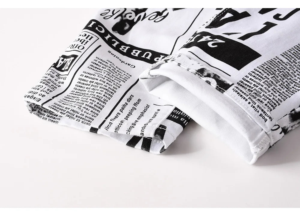 Men Newspaper Print Jeans Fashion Letters White Denim Pants Casual Slim Tapered Costume Trousers