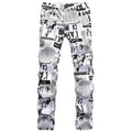 Men Newspaper Print Jeans Fashion Letters White Denim Pants Casual Slim Tapered Costume Trousers