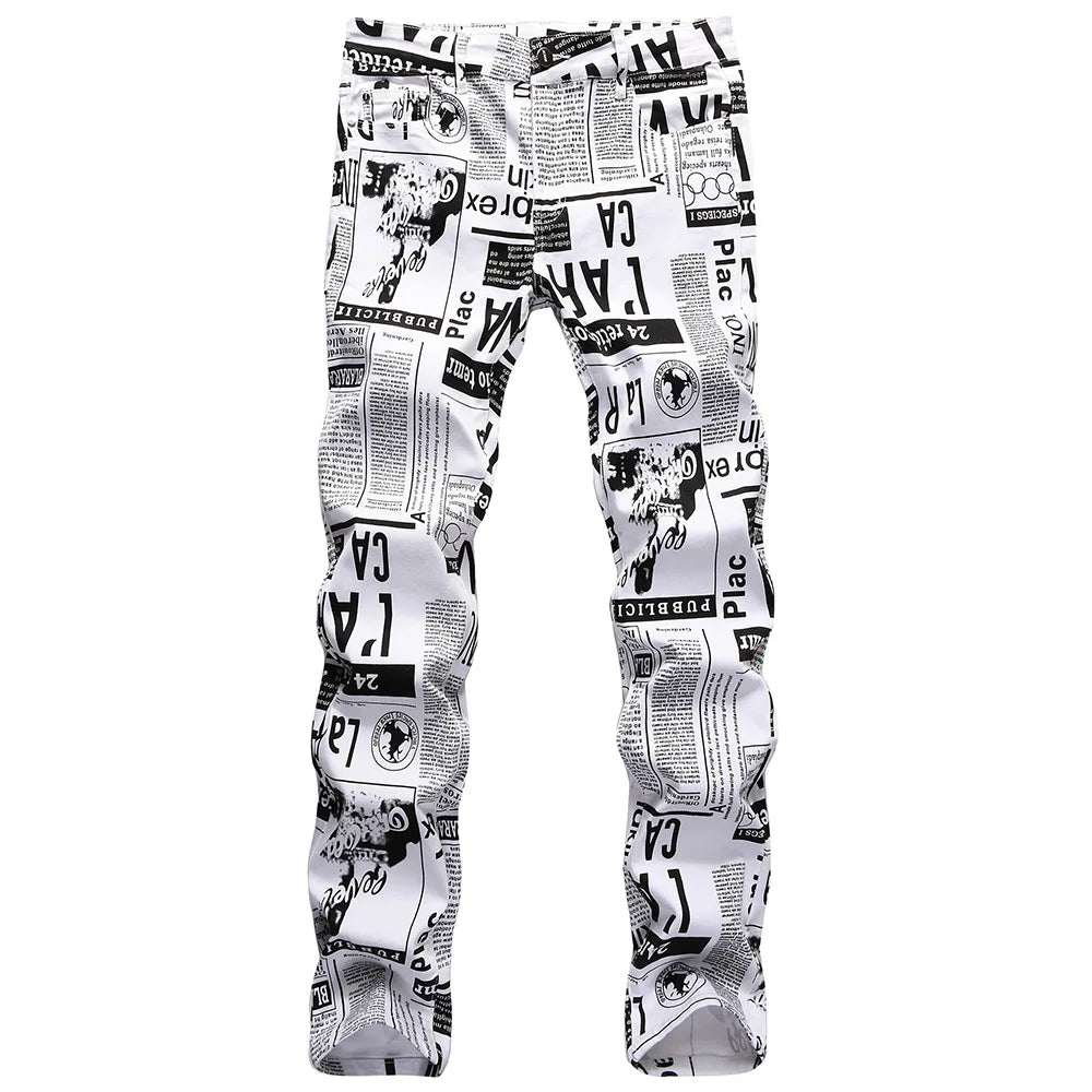 Men Newspaper Print Jeans Fashion Letters White Denim Pants Casual Slim Tapered Costume Trousers