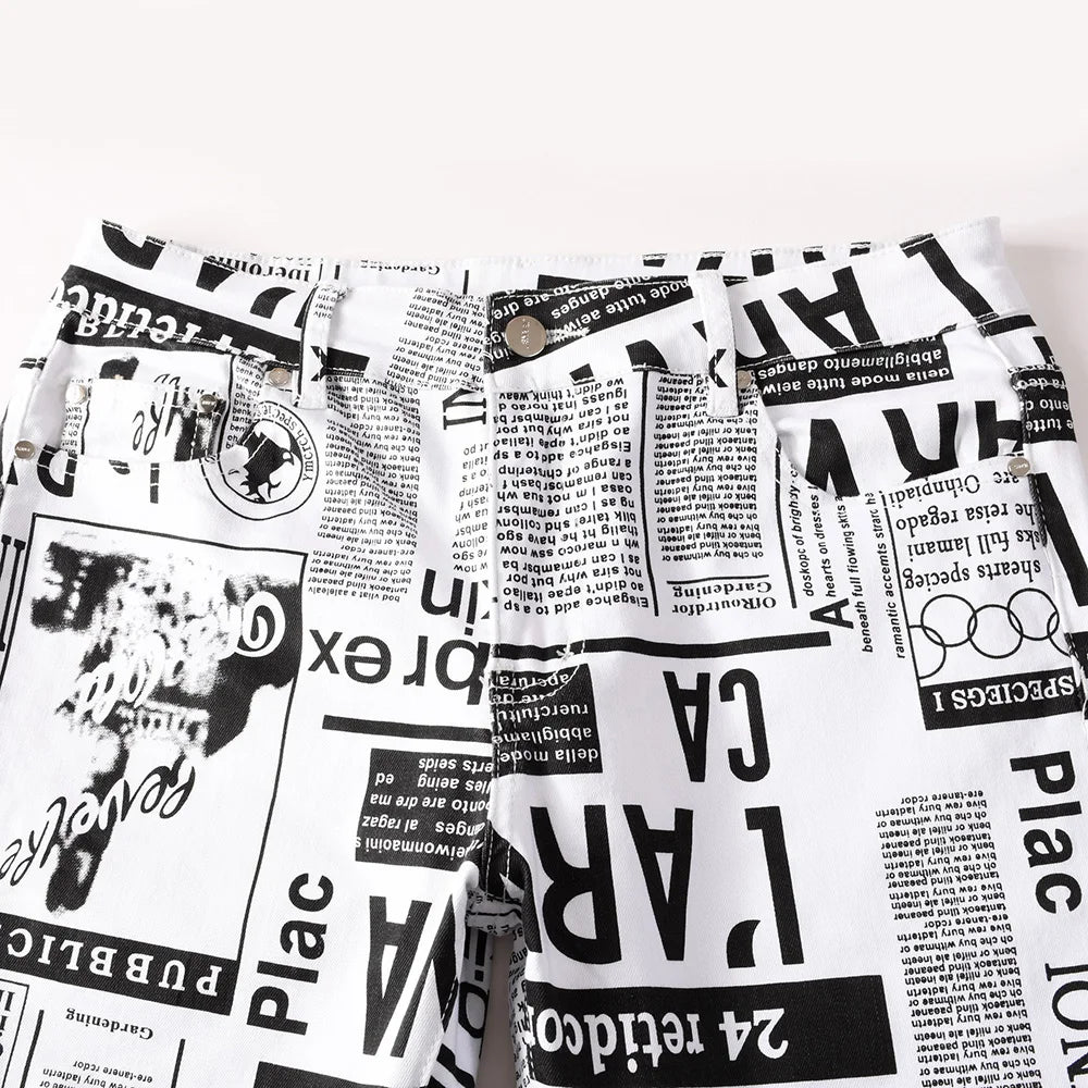 Men Newspaper Print Jeans Fashion Letters White Denim Pants Casual Slim Tapered Costume Trousers