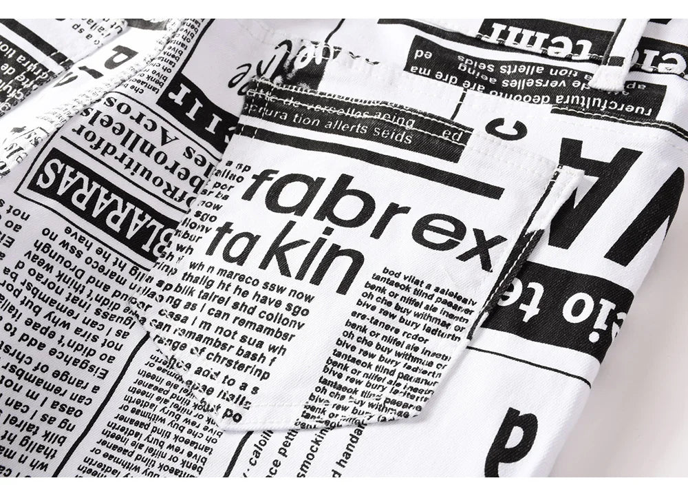 Men Newspaper Print Jeans Fashion Letters White Denim Pants Casual Slim Tapered Costume Trousers