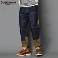 Supzoom New Arrival Hot Sale Top Fashion Autumn Zipper Fly Stonewashed Casual Patchwork Cargo Denim Pockets Cotton Jeans Men