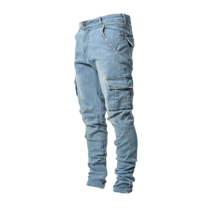 Men Elastic Skinny Jeans Casual Denim Pants Slim Fit Trousers Multi-Pocket Black Jeans Soild Cargo Pants Streetwear Man Clothing