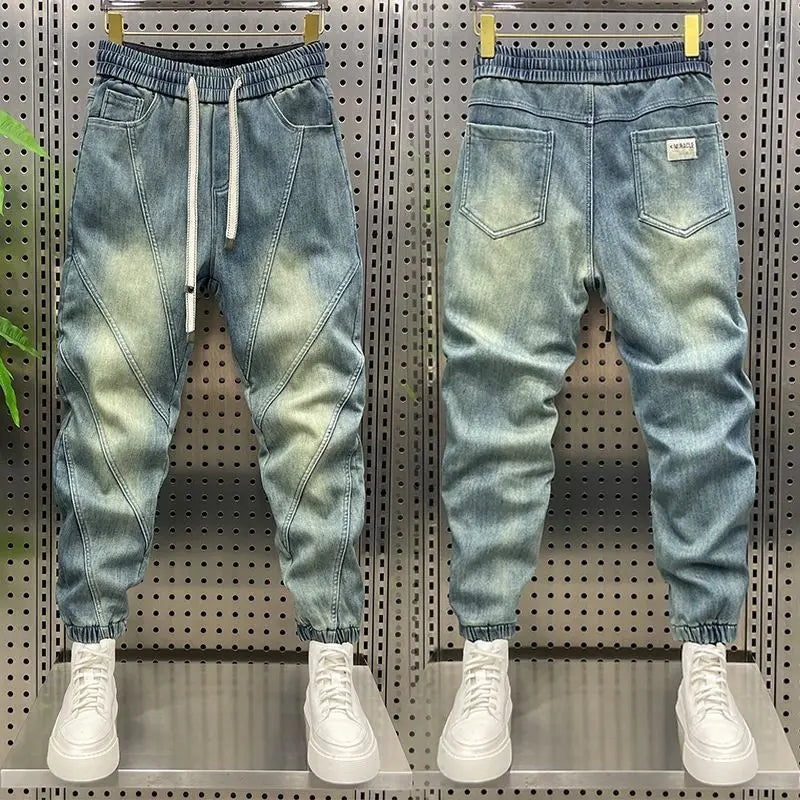 Trendy Men's Splicing Casual Pants Elastic Waist Blue Old Jeans Loose and Versatile Fashion Harlan Pants