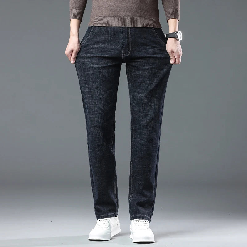 SULEE New High Quality Jeans Men's Business Casual Straight Denim Pants Stretch Fashion Classic Work Trousers Blue Black Male