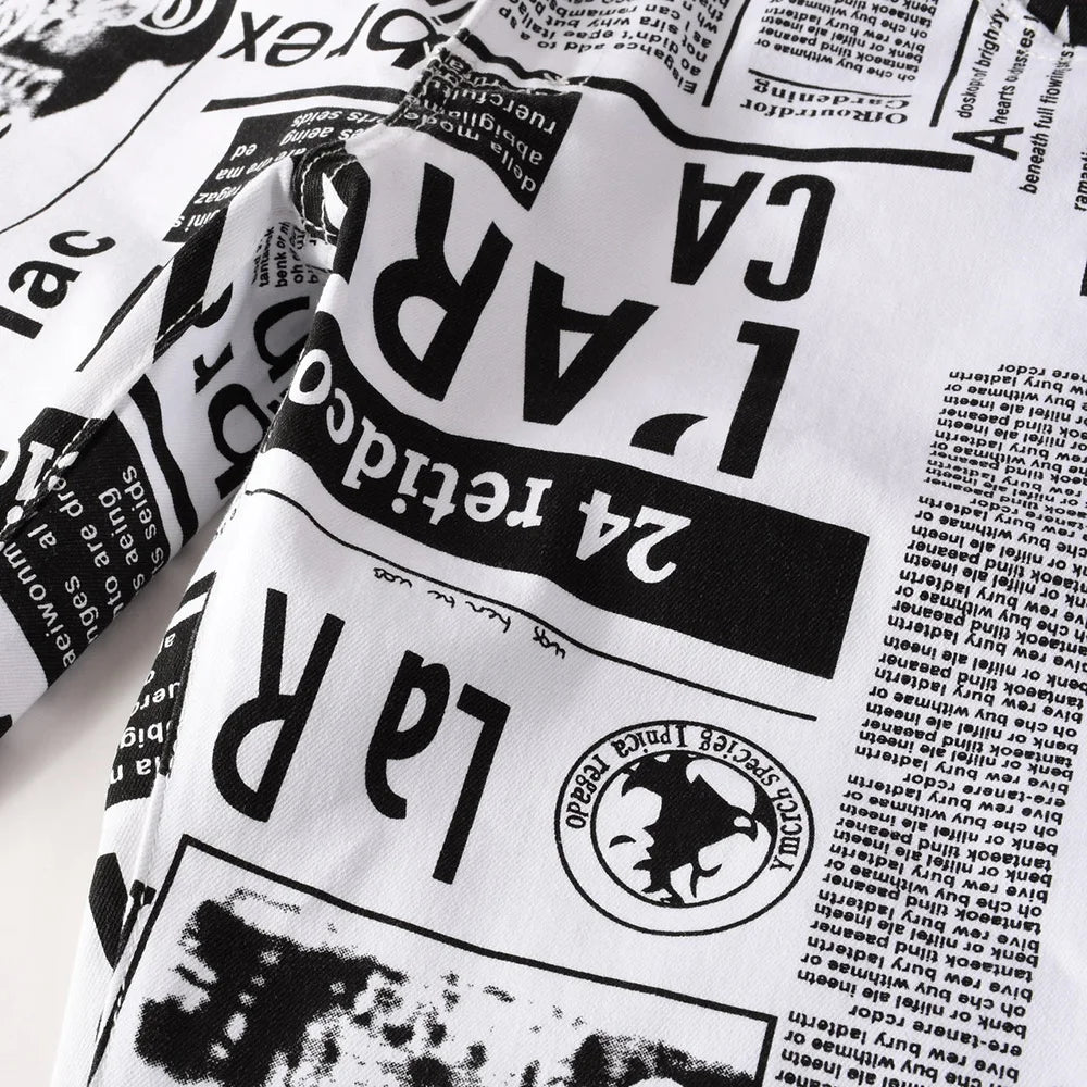 Men Newspaper Print Jeans Fashion Letters White Denim Pants Casual Slim Tapered Costume Trousers
