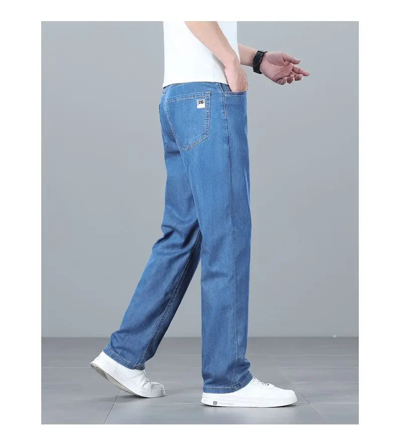 Summer Ultra-thin Men's Jeans Lyocell Soft Breathable Loose Straight Light Blue Denim Pants Business Casual Ice Silk Trousers