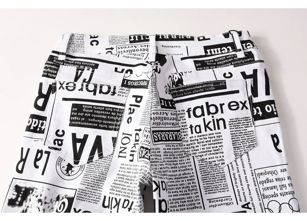 Men Newspaper Print Jeans Fashion Letters White Denim Pants Casual Slim Tapered Costume Trousers