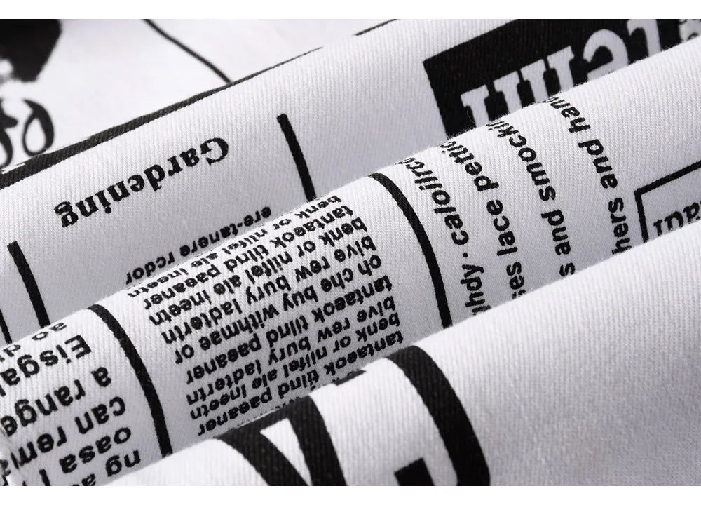 Men Newspaper Print Jeans Fashion Letters White Denim Pants Casual Slim Tapered Costume Trousers