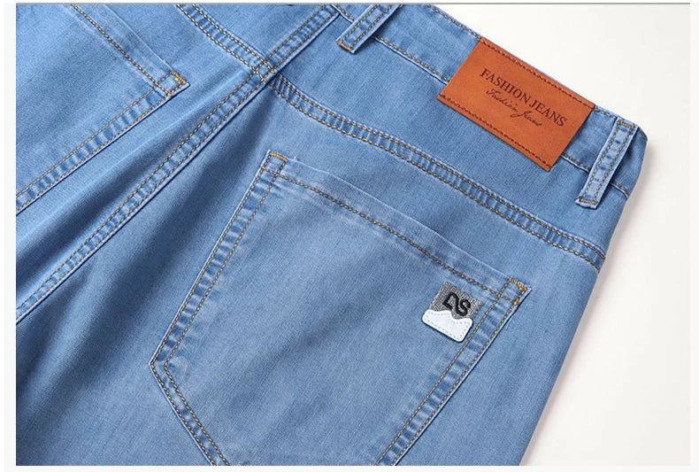 Summer Ultra-thin Men's Jeans Lyocell Soft Breathable Loose Straight Light Blue Denim Pants Business Casual Ice Silk Trousers