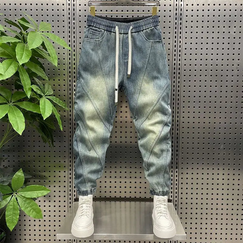 Trendy Men's Splicing Casual Pants Elastic Waist Blue Old Jeans Loose and Versatile Fashion Harlan Pants