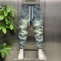 Trendy Men's Splicing Casual Pants Elastic Waist Blue Old Jeans Loose and Versatile Fashion Harlan Pants