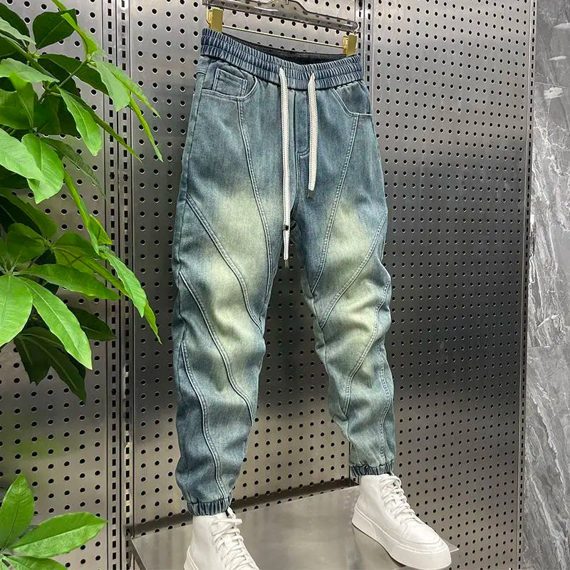 Trendy Men's Splicing Casual Pants Elastic Waist Blue Old Jeans Loose and Versatile Fashion Harlan Pants