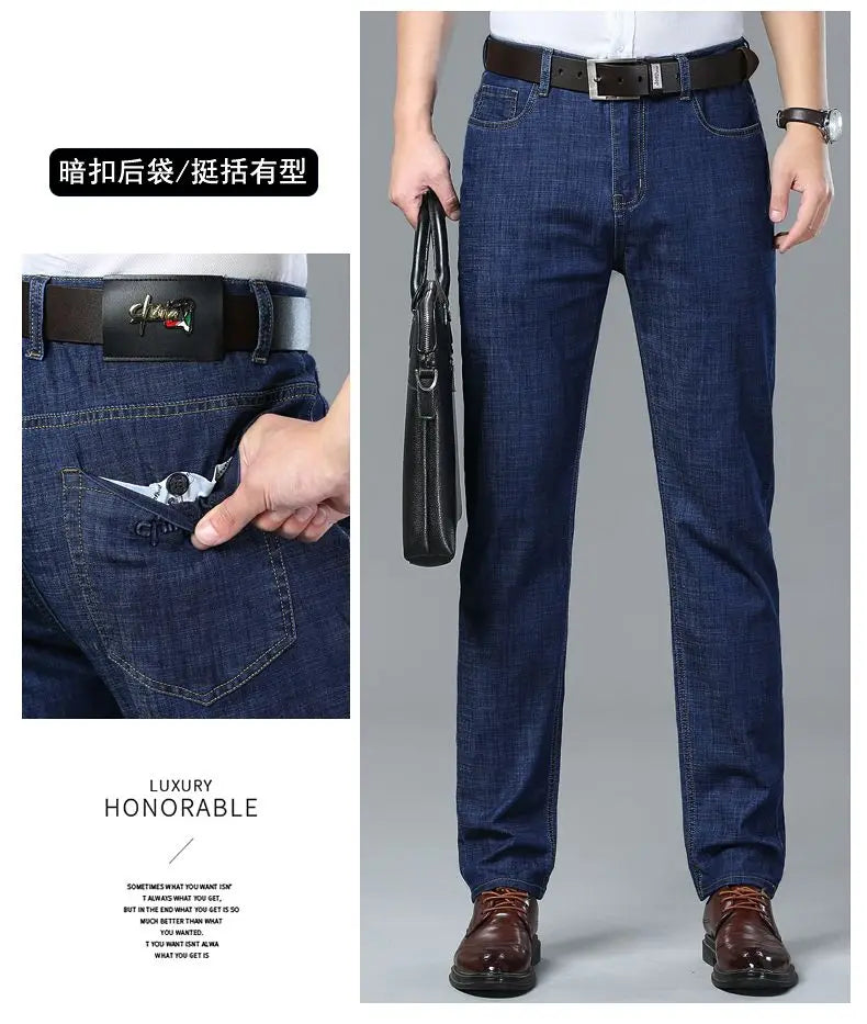 Summer Ultra-thin Men's Jeans Lyocell Soft Breathable Loose Straight Light Blue Denim Pants Business Casual Ice Silk Trousers
