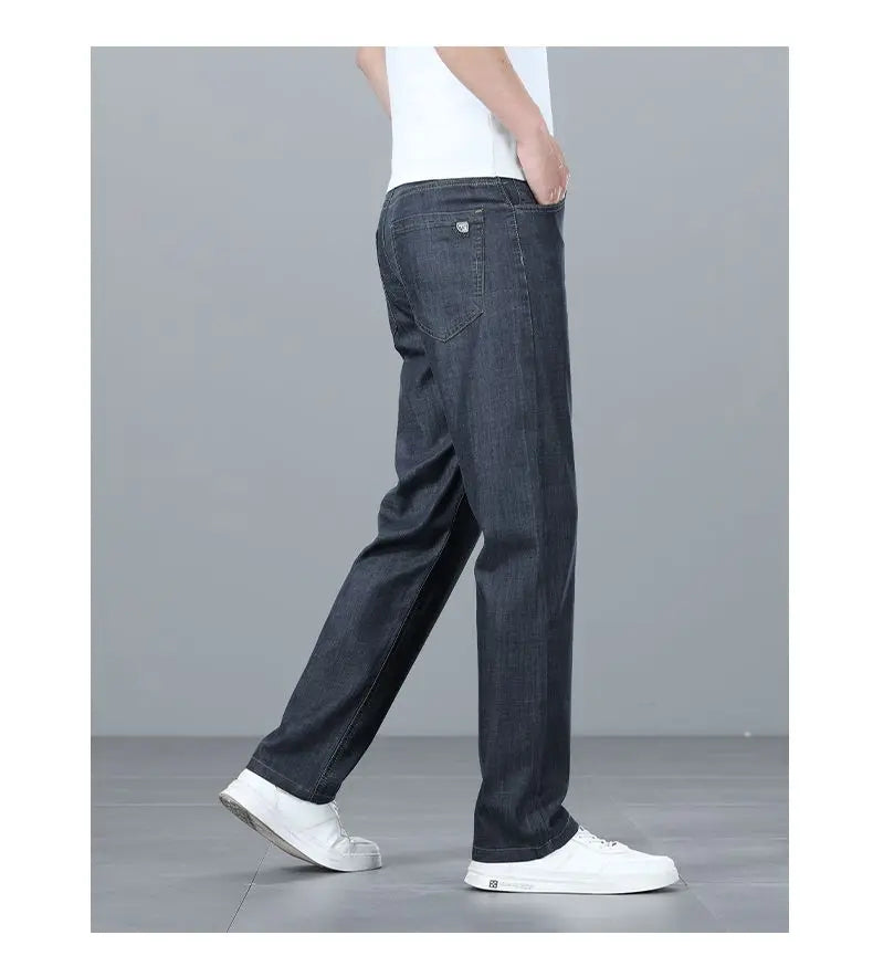 Summer Ultra-thin Men's Jeans Lyocell Soft Breathable Loose Straight Light Blue Denim Pants Business Casual Ice Silk Trousers