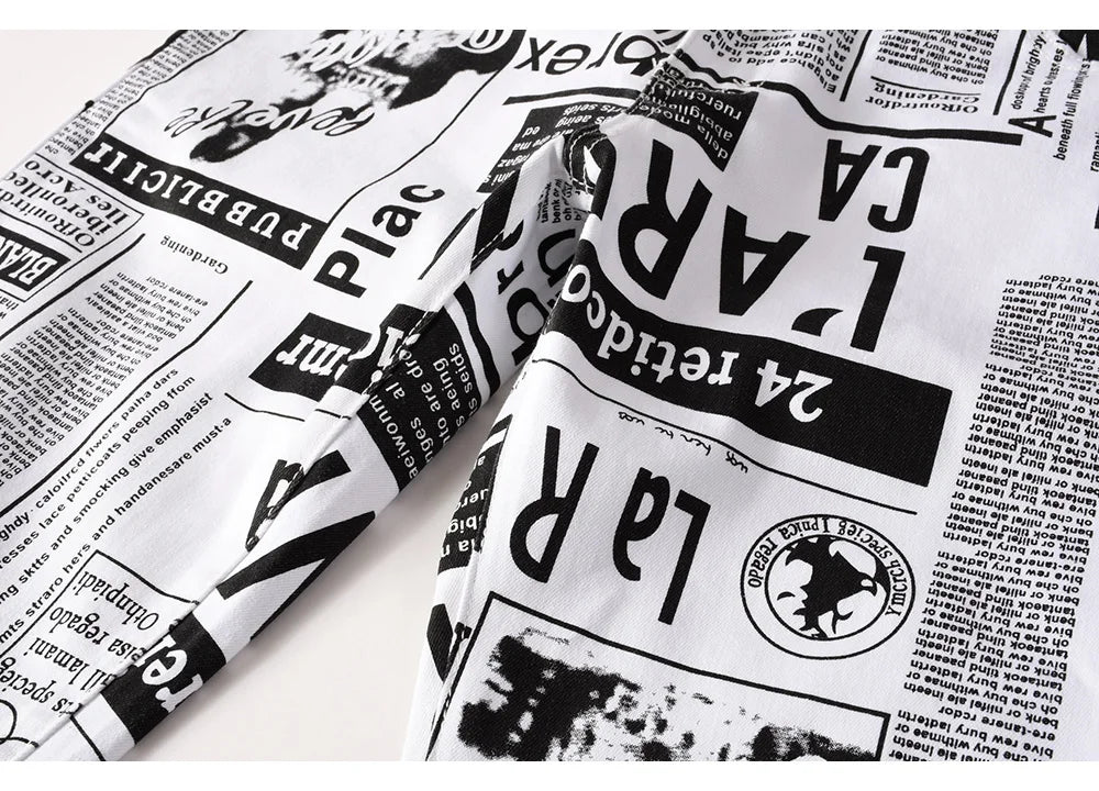 Men Newspaper Print Jeans Fashion Letters White Denim Pants Casual Slim Tapered Costume Trousers