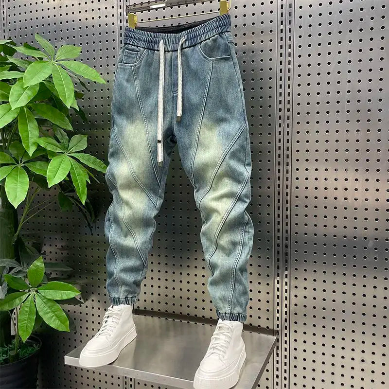 Trendy Men's Splicing Casual Pants Elastic Waist Blue Old Jeans Loose and Versatile Fashion Harlan Pants