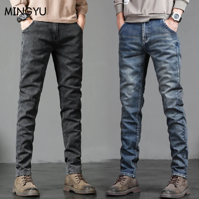 Spring Autumn Men's Classic Fashion Grey Jeans Casual Slim Skinny Vintage Blue Streetwear Biker Party Long Trousers Male 27-36
