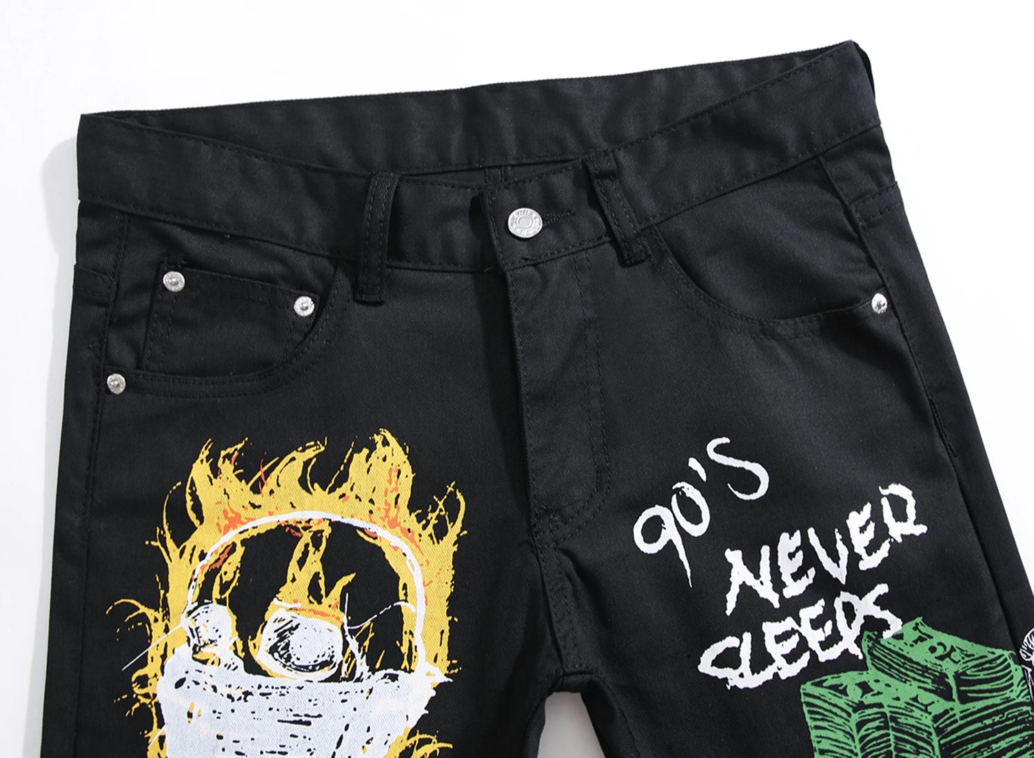 Hipster High Street Men Stretch slim 3D color print black and white pants Skeleton Graffiti Street hipster personality jeans