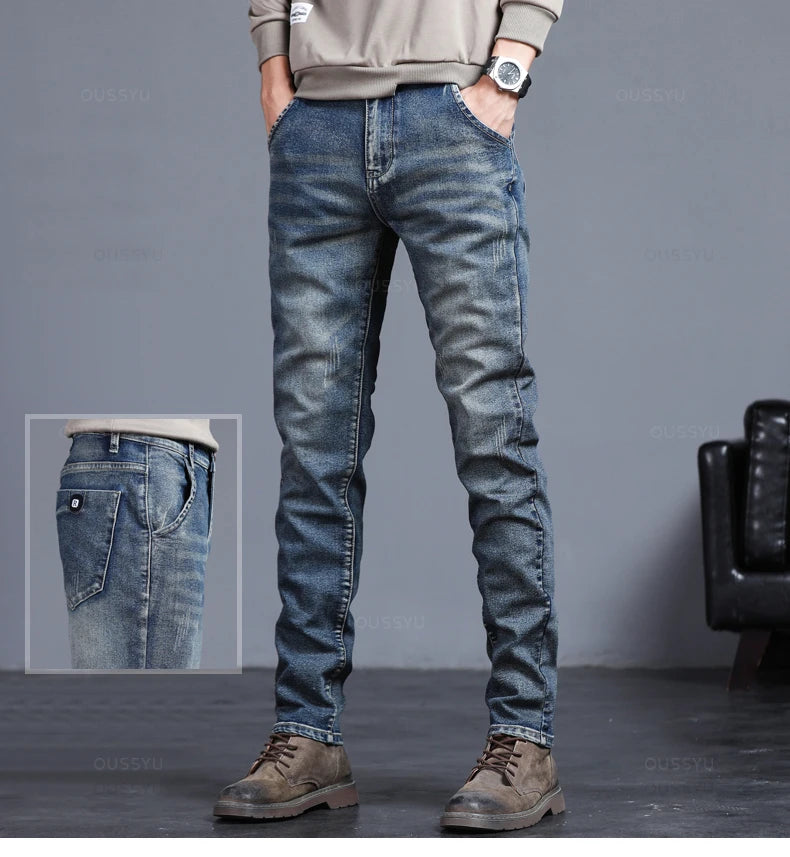 Spring Autumn Men's Classic Fashion Grey Jeans Casual Slim Skinny Vintage Blue Streetwear Biker Party Long Trousers Male 27-36