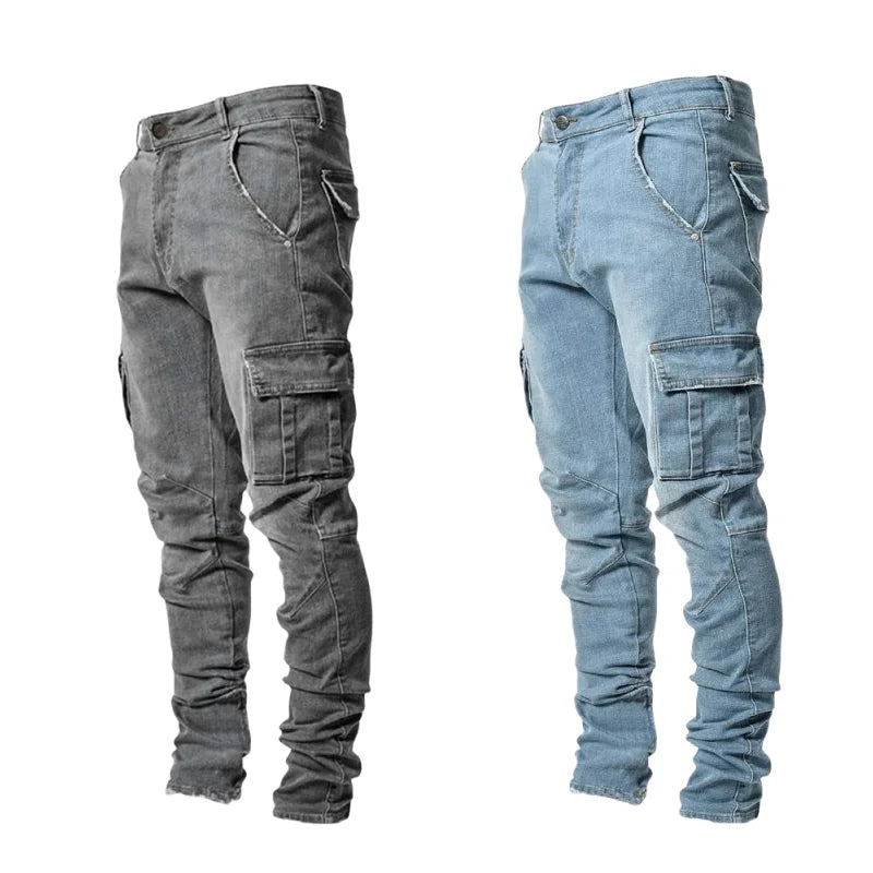 Men Elastic Skinny Jeans Casual Denim Pants Slim Fit Trousers Multi-Pocket Black Jeans Soild Cargo Pants Streetwear Man Clothing