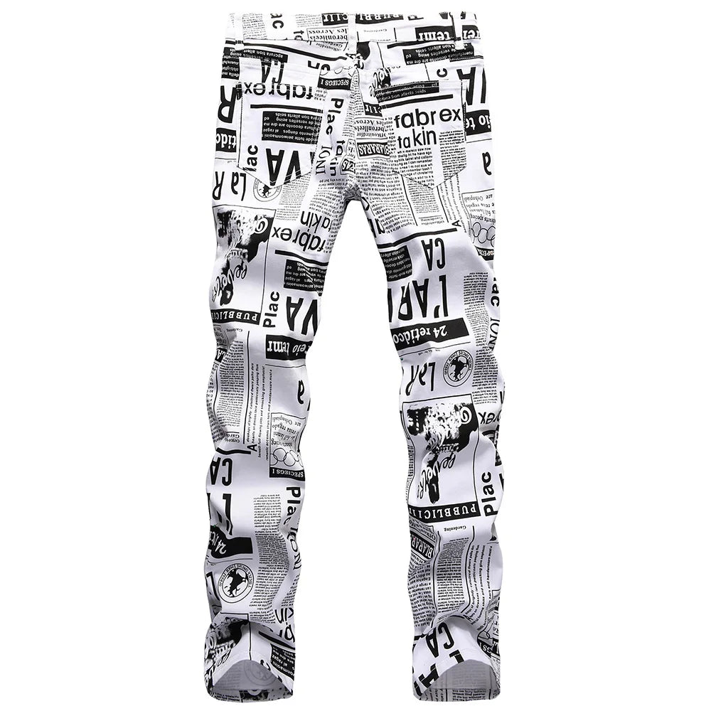 Men Newspaper Print Jeans Fashion Letters White Denim Pants Casual Slim Tapered Costume Trousers