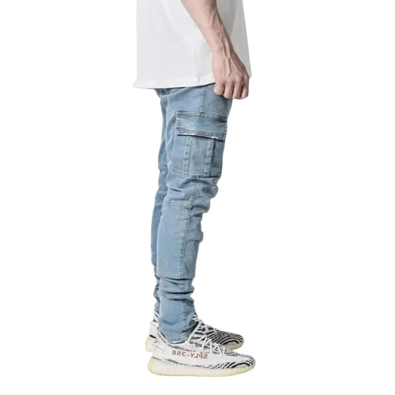 Men Elastic Skinny Jeans Casual Denim Pants Slim Fit Trousers Multi-Pocket Black Jeans Soild Cargo Pants Streetwear Man Clothing
