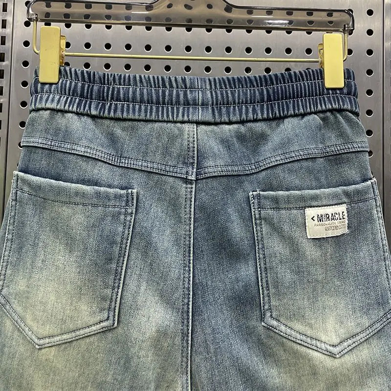 Trendy Men's Splicing Casual Pants Elastic Waist Blue Old Jeans Loose and Versatile Fashion Harlan Pants