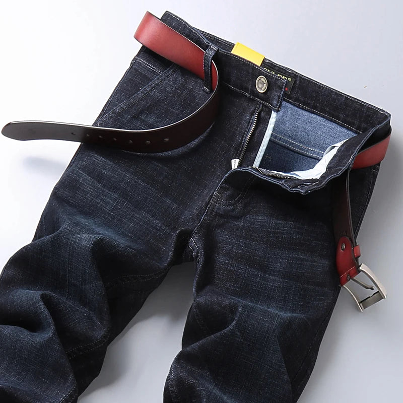 SULEE New High Quality Jeans Men's Business Casual Straight Denim Pants Stretch Fashion Classic Work Trousers Blue Black Male
