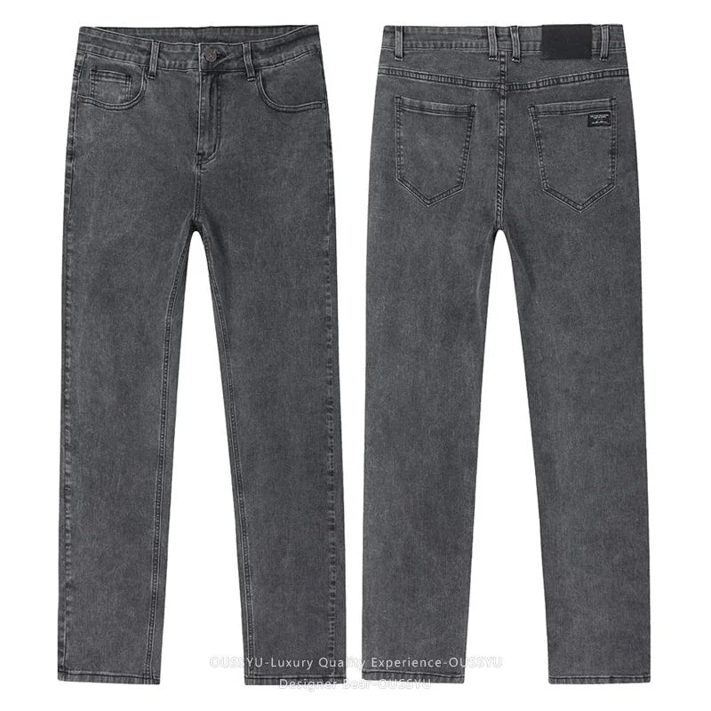 2026 New Men's Slim Jeans Elastic Straight Casual Denim Pants Korean Fashion Cotton Work Male Spring Autumn Trousers Black Gray