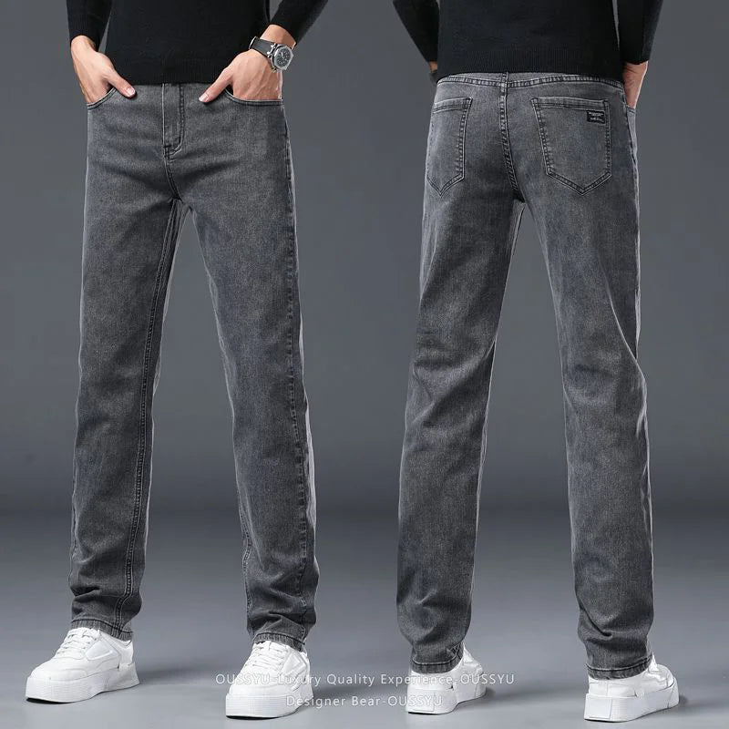 2026 New Men's Slim Jeans Elastic Straight Casual Denim Pants Korean Fashion Cotton Work Male Spring Autumn Trousers Black Gray