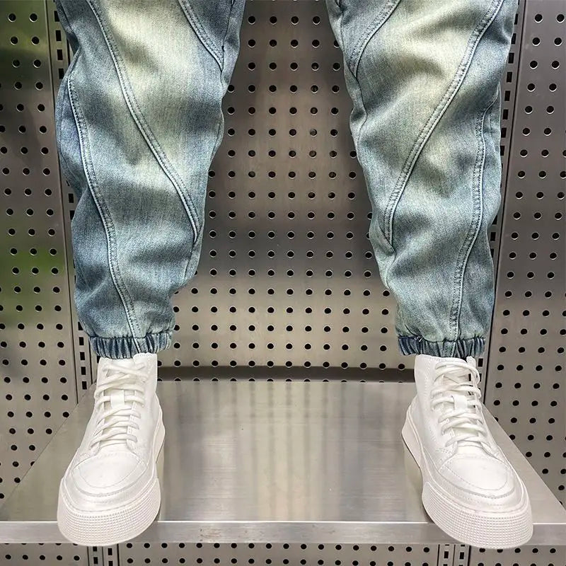 Trendy Men's Splicing Casual Pants Elastic Waist Blue Old Jeans Loose and Versatile Fashion Harlan Pants