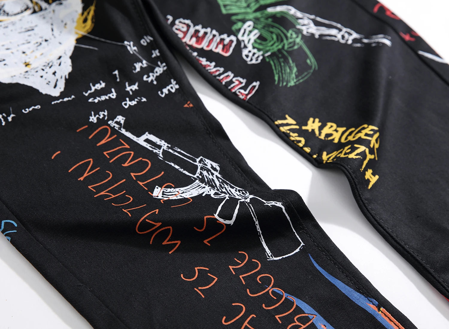 Hipster High Street Men Stretch slim 3D color print black and white pants Skeleton Graffiti Street hipster personality jeans