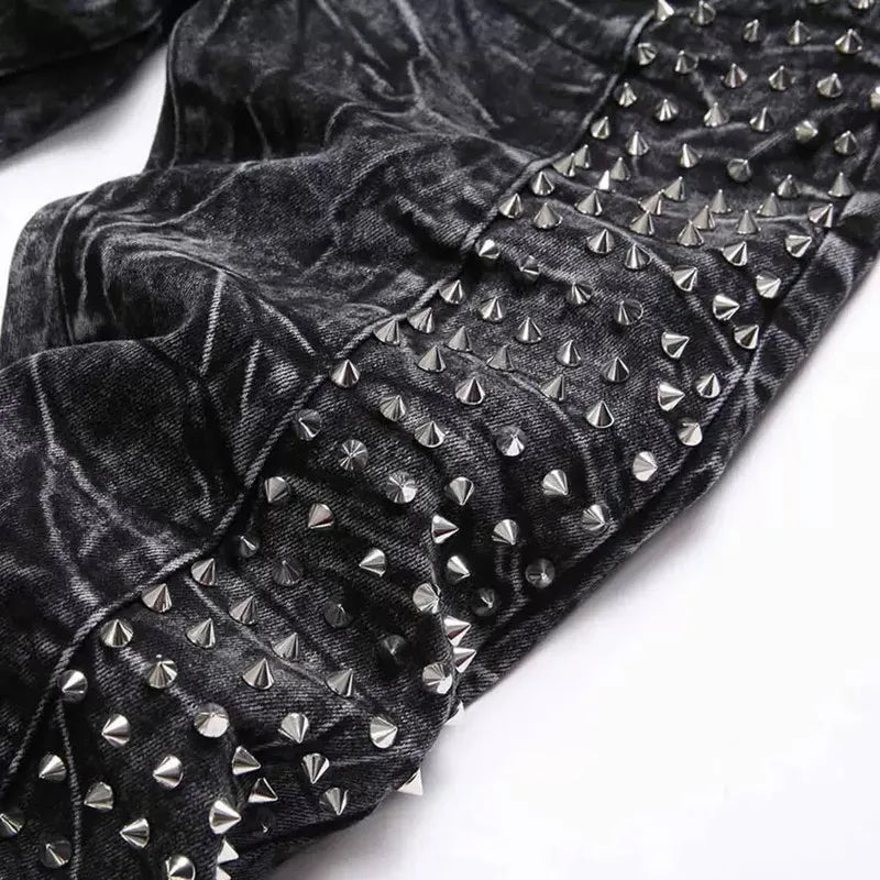 2026 Punk Y2K Style Rivet Design Black Slim Jeans Pants For Men Clothing Streetwear New Rock Cotton Long Trousers Ropa Hombre