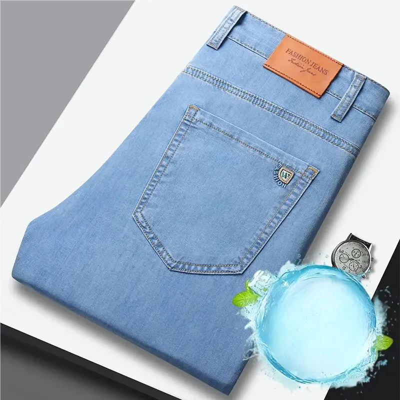 Summer Ultra-thin Men's Jeans Lyocell Soft Breathable Loose Straight Light Blue Denim Pants Business Casual Ice Silk Trousers