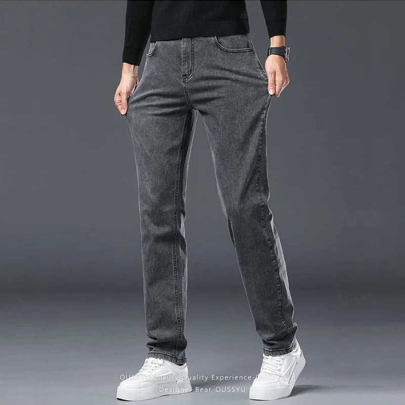 2026 New Men's Slim Jeans Elastic Straight Casual Denim Pants Korean Fashion Cotton Work Male Spring Autumn Trousers Black Gray