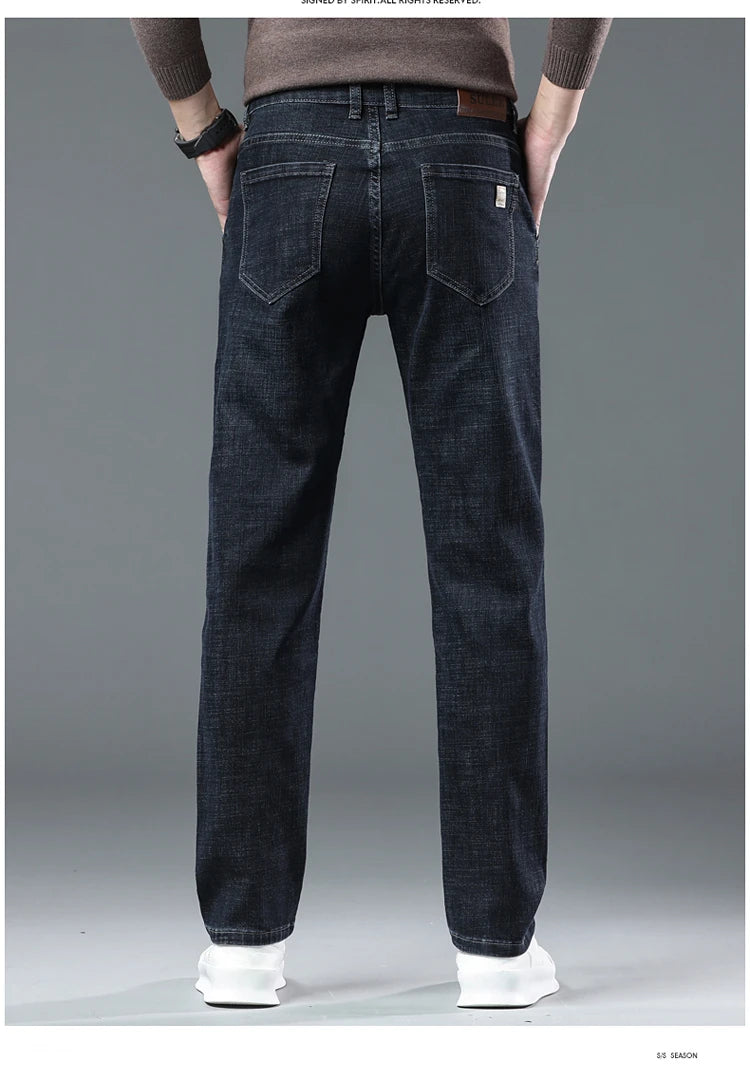 SULEE New High Quality Jeans Men's Business Casual Straight Denim Pants Stretch Fashion Classic Work Trousers Blue Black Male
