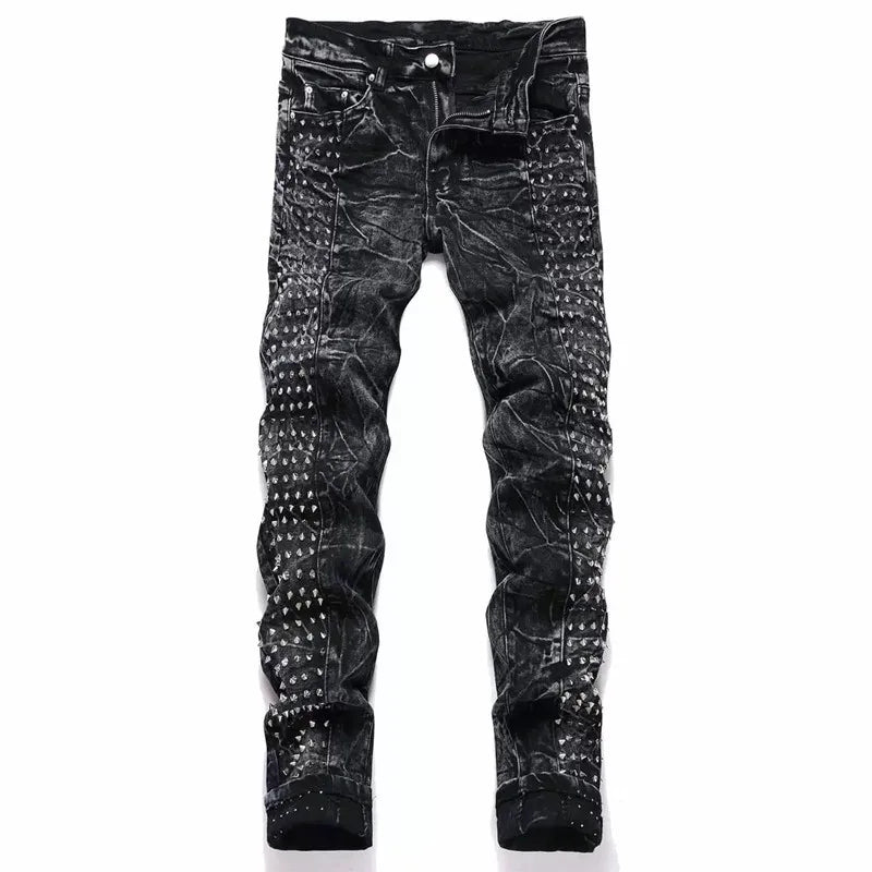 2026 Punk Y2K Style Rivet Design Black Slim Jeans Pants For Men Clothing Streetwear New Rock Cotton Long Trousers Ropa Hombre