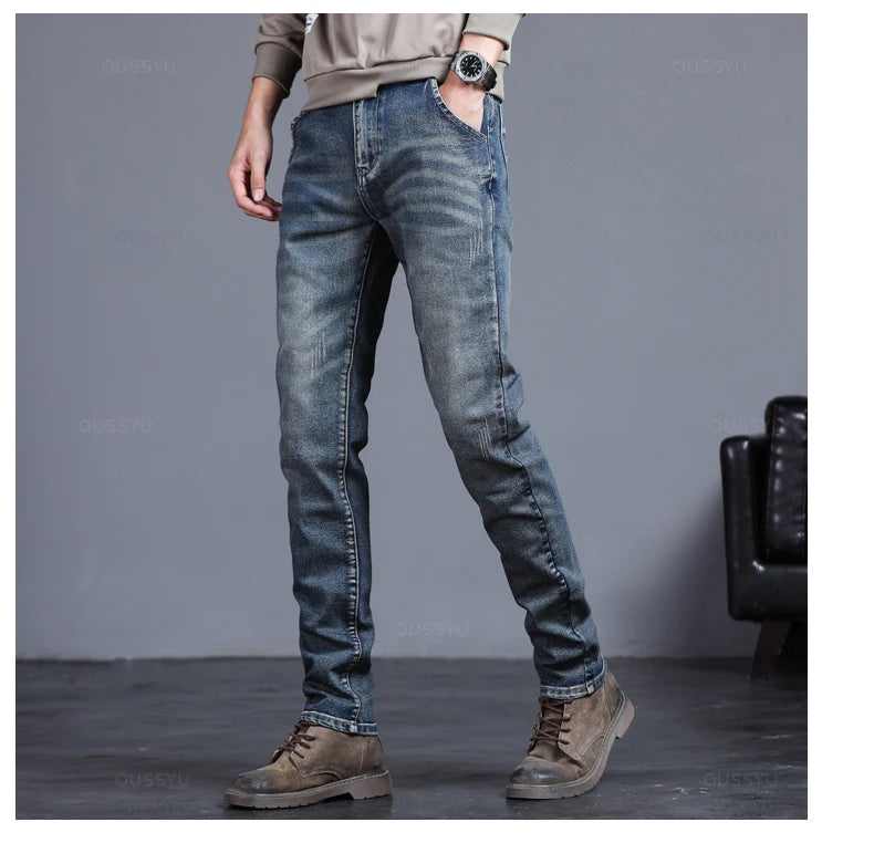 Spring Autumn Men's Classic Fashion Grey Jeans Casual Slim Skinny Vintage Blue Streetwear Biker Party Long Trousers Male 27-36