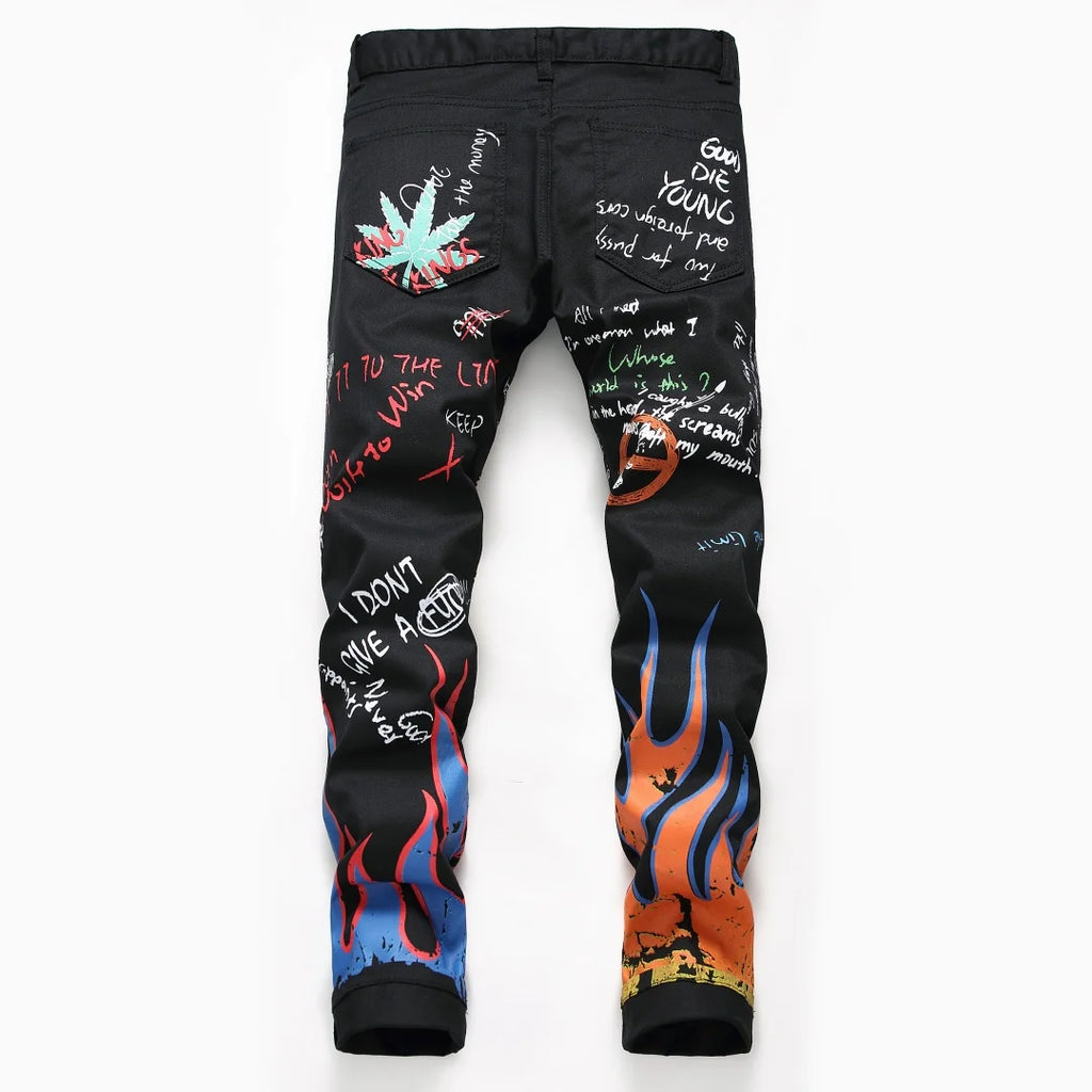 Hipster High Street Men Stretch slim 3D color print black and white pants Skeleton Graffiti Street hipster personality jeans