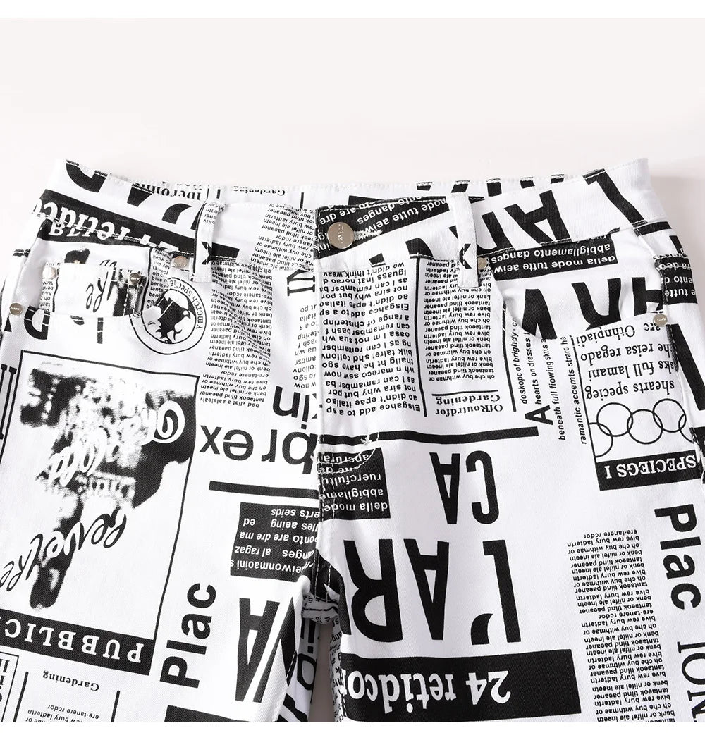 Men Newspaper Print Jeans Fashion Letters White Denim Pants Casual Slim Tapered Costume Trousers